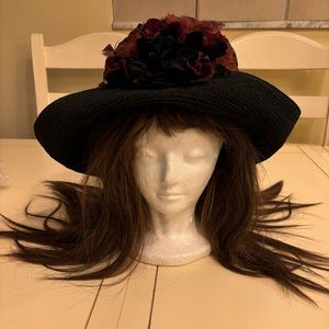 Eric Javitz Cloche Black Hat With Burgundy Feathers & Black Velvet, Waterproof